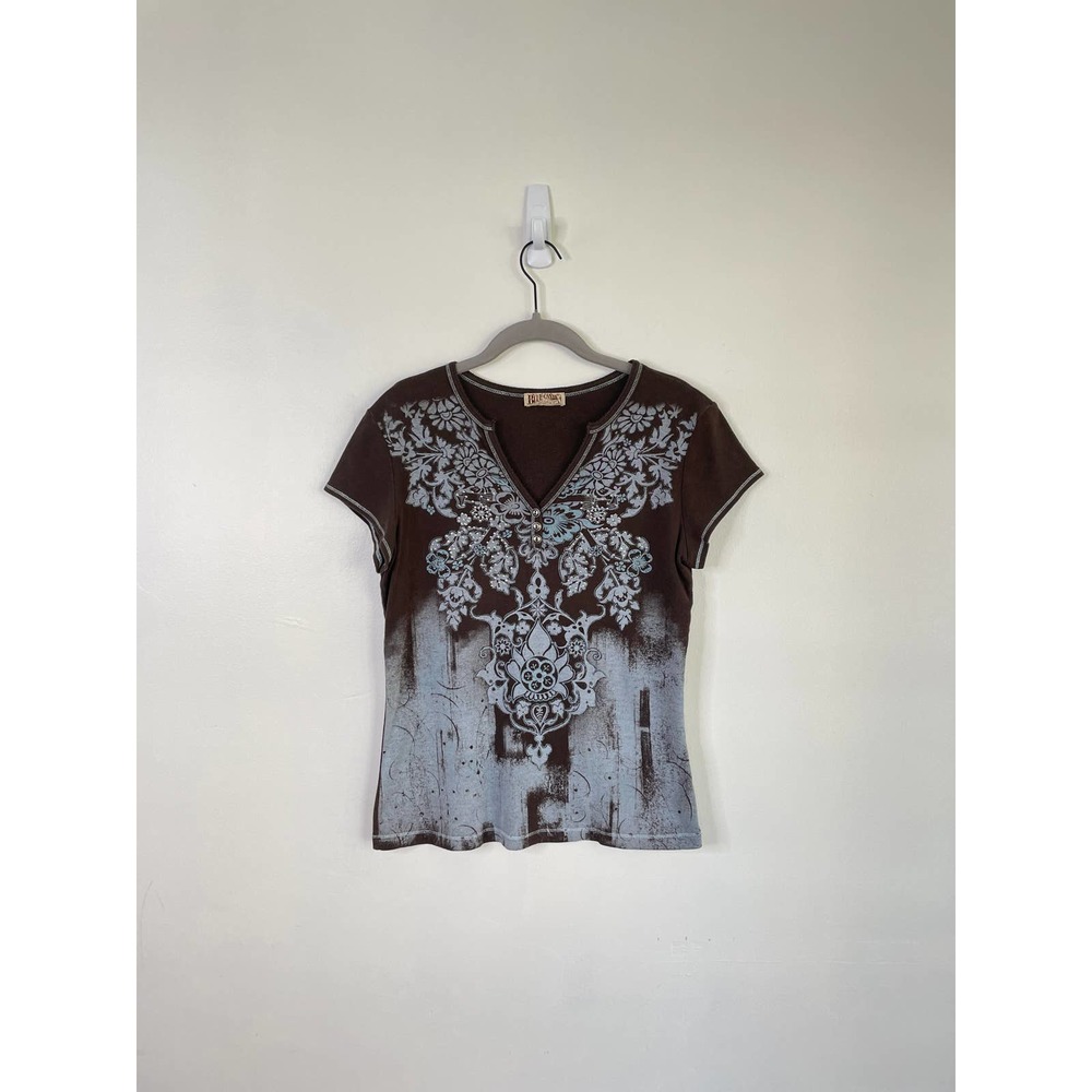 Blue and Brown Y2k Vintage Style T-shirt (Large)